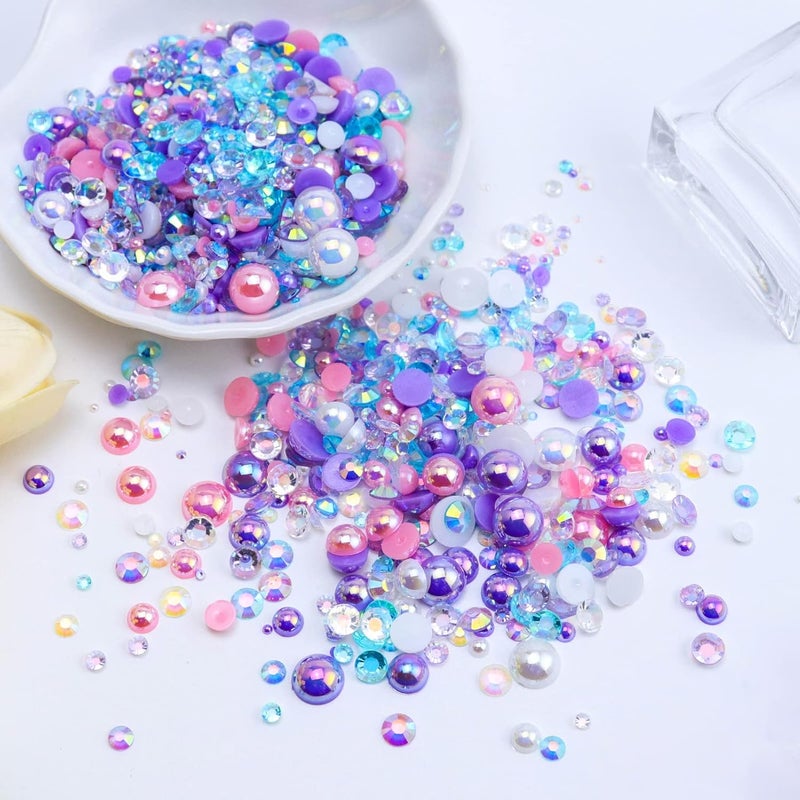 Briskbloom 60g Mix Flatback Pearls and Rhinestones for Crafts, 2mm-10mm for Nails Face Art Tumblers, With Tweezers Wax Pen, Pink|Purple|White - Image 3